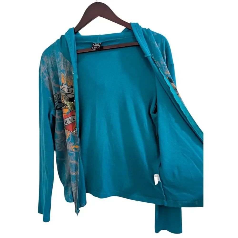 Suzie in the City Y2K Rhinestone Graphic Zip Up Hoodie Teal M Cotton USA - Picture 3 of 6